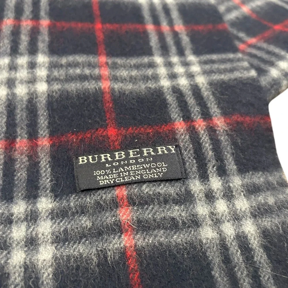 Burberry London Plaid Lambswool‎ Scarf Red Blue Grey Fringe Made in England